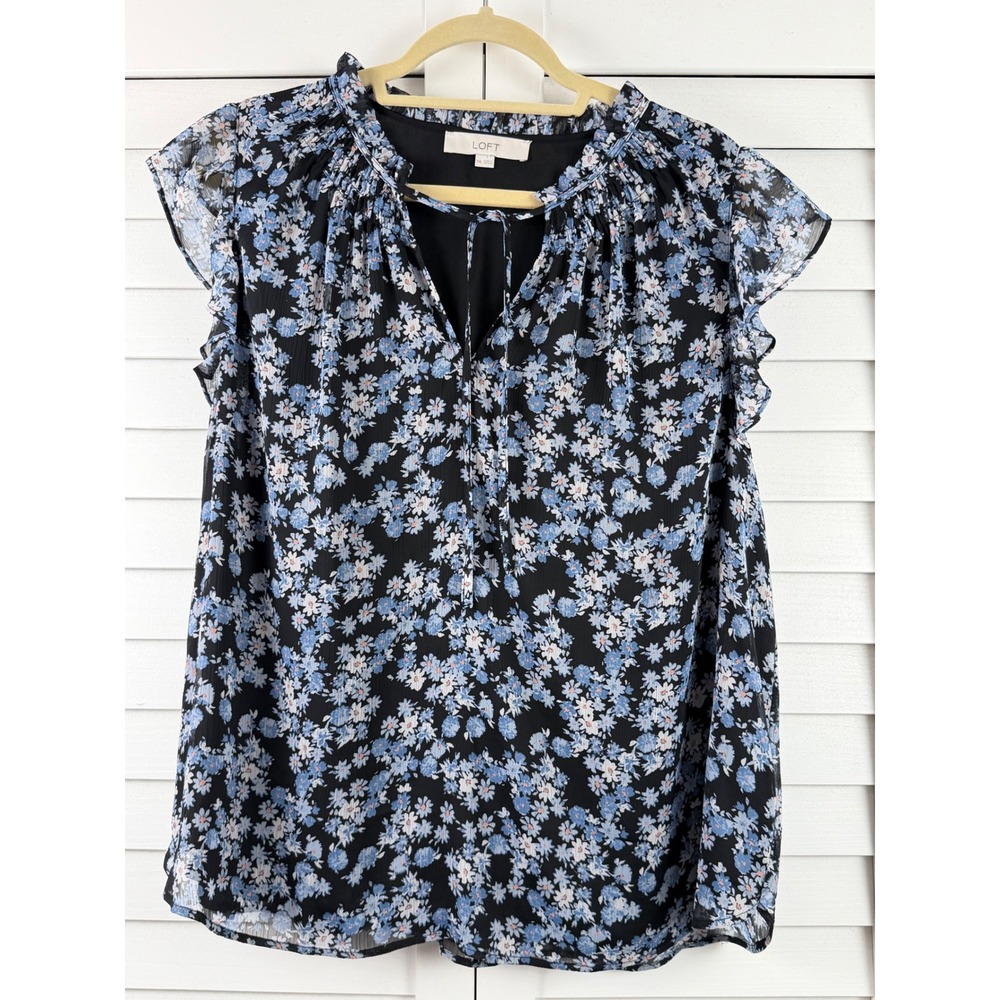 Loft Floral Blouse Women XXL Blue Flutter Sleeve Tie Neck